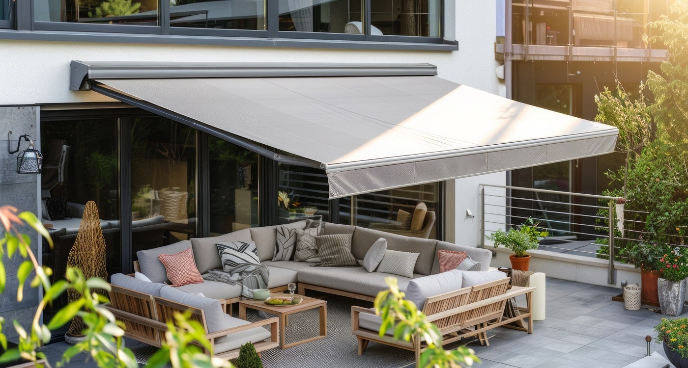 Neue Markise über Terrasse eines Einfamilienhauses montiert von Fachfirma für Markisenmontage